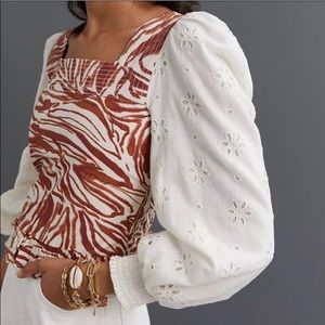 Anthropologie White Eyelet Puff Sleeve Top with Rust Brown Abstract Print